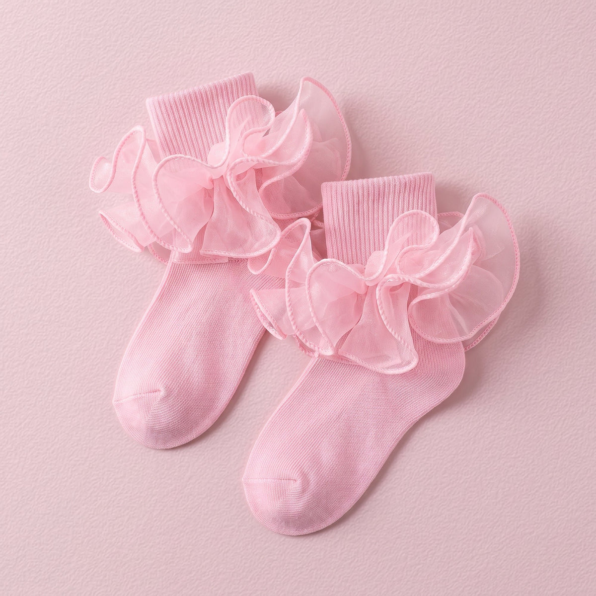 FRILLORA Girls Double-Ruffle Fold-Over Dress Socks - Pink - 1 Pair