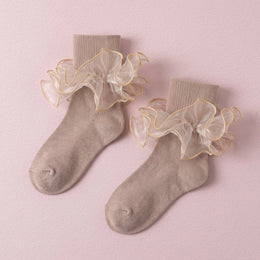 FRILLORA Girls Double-Ruffle Fold-Over Dress Socks - Apricot - 1 Pair