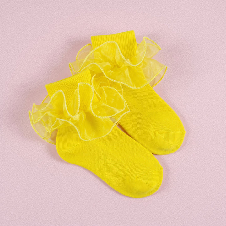 FRILLORA Girls Double-Ruffle Fold-Over Dress Socks - Bright Yellow - 1 Pair