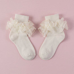 FRILLORA Girls Double-Ruffle Fold-Over Dress Socks - Beige - 1 Pair