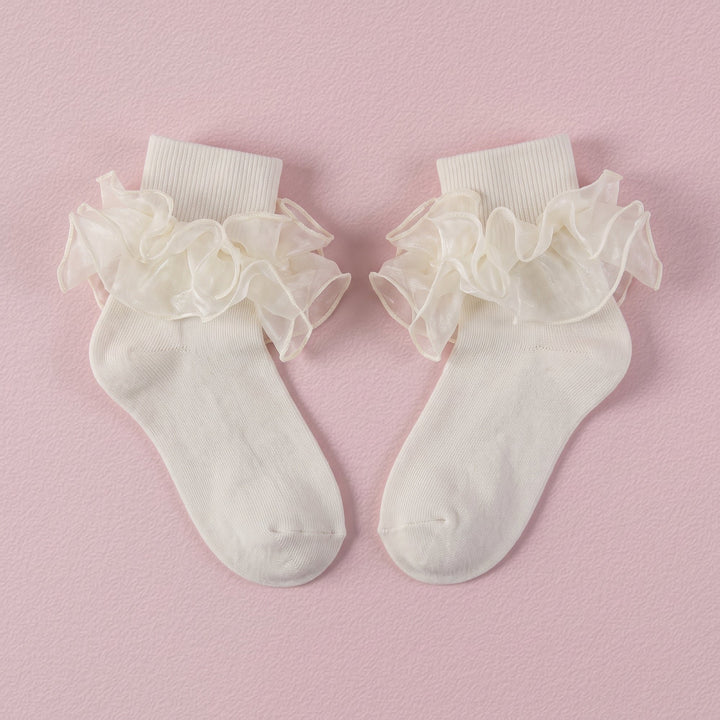 FRILLORA Girls Double-Ruffle Fold-Over Dress Socks - Beige - 1 Pair