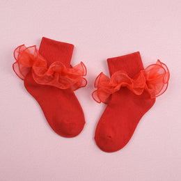FRILLORA Girls Double-Ruffle Fold-Over Dress Socks - Red - 1 Pair