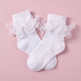 FRILLORA Girls Double-Ruffle Fold-Over Dress Socks - White - 1 Pair