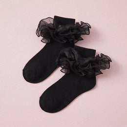 FRILLORA Girls Double-Ruffle Fold-Over Dress Socks - Black - 1 Pair