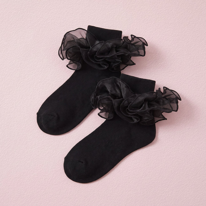 FRILLORA Girls Double-Ruffle Fold-Over Dress Socks - Black - 1 Pair