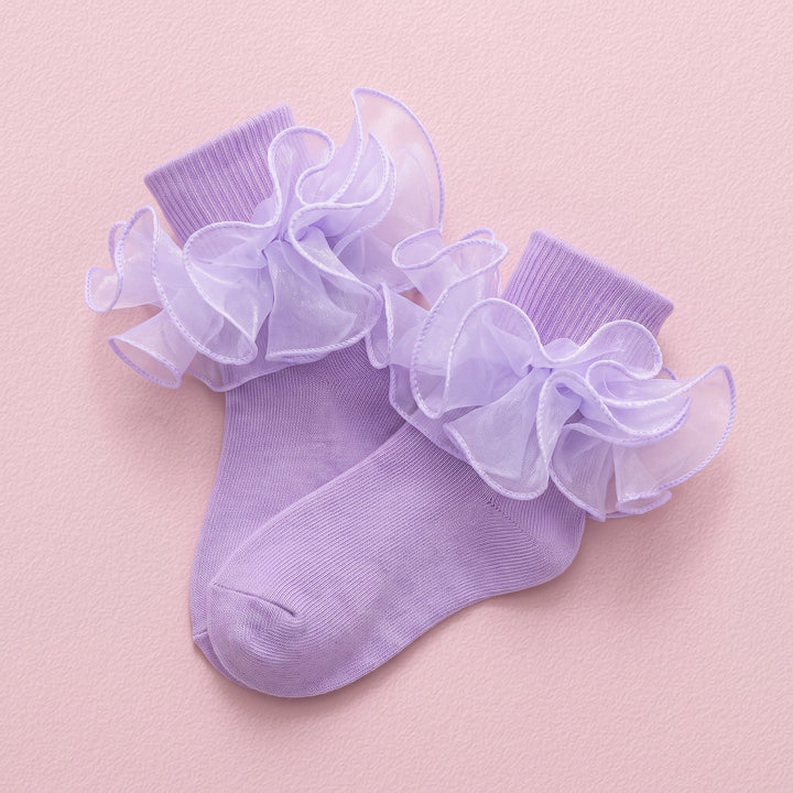 FRILLORA Girls Double-Ruffle Fold-Over Dress Socks - Purple - 1 Pair