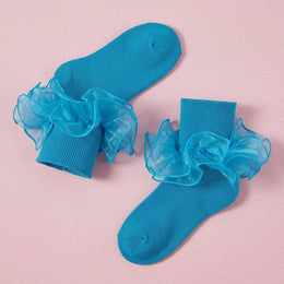 FRILLORA Girls Double-Ruffle Fold-Over Dress Socks - Aquamarine Blue - 1 Pair