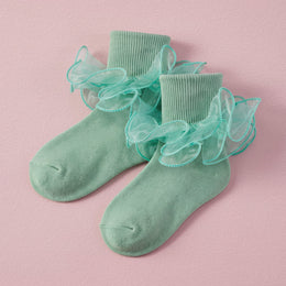 FRILLORA Girls Double-Ruffle Fold-Over Dress Socks - Light Green - 1 Pair