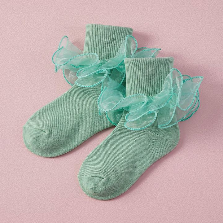 FRILLORA Girls Double-Ruffle Fold-Over Dress Socks - Light Green - 1 Pair