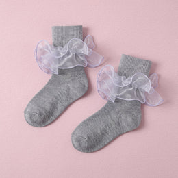 FRILLORA Girls Double-Ruffle Fold-Over Dress Socks - Grey - 1 Pair