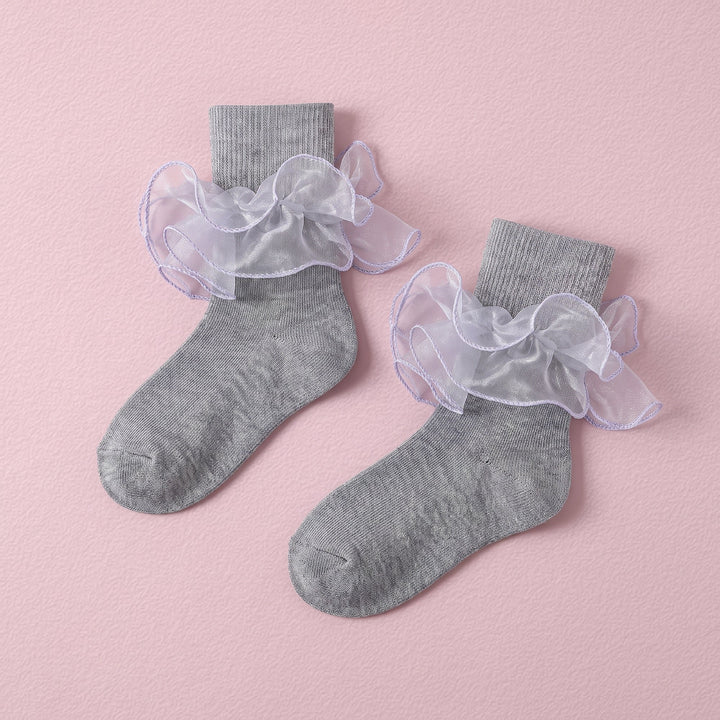 FRILLORA Girls Double-Ruffle Fold-Over Dress Socks - Grey - 1 Pair