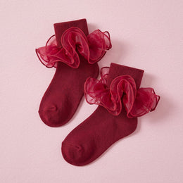 FRILLORA Girls Double-Ruffle Fold-Over Dress Socks - Burgundy - 1 Pair