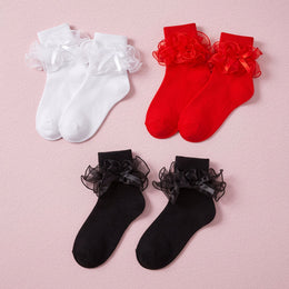 FRILLORA Women's Bow Ruffle Turn-Cuff Socks - White, Red, Black - 3 Pairs