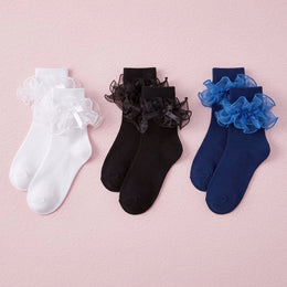 FRILLORA Women's Bow Ruffle Turn-Cuff Socks - White, Black, Navy Blue - 3 Pairs