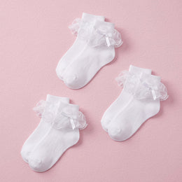 FRILLORA Women's Bow Ruffle Turn-Cuff Socks - White - 3 Pairs