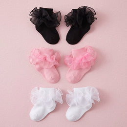 FRILLORA Baby Girl Ruffle Socks with 2-Layer Lace Turn-Cuff - Pink, White, Black - 3 Pairs