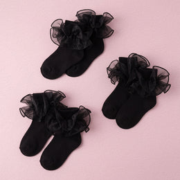 FRILLORA Baby Girl Ruffle Socks with 2-Layer Lace Turn-Cuff - Black - 3 Pairs