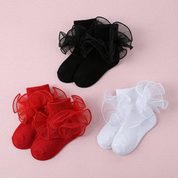 FRILLORA Baby Girl Ruffle Socks with 2-Layer Lace Turn-Cuff - Black, White, Red - 3 Pairs