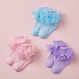 FRILLORA Baby Girl Ruffle Socks with 2-Layer Lace Turn-Cuff - Pink, Purple, Blue - 3 Pairs