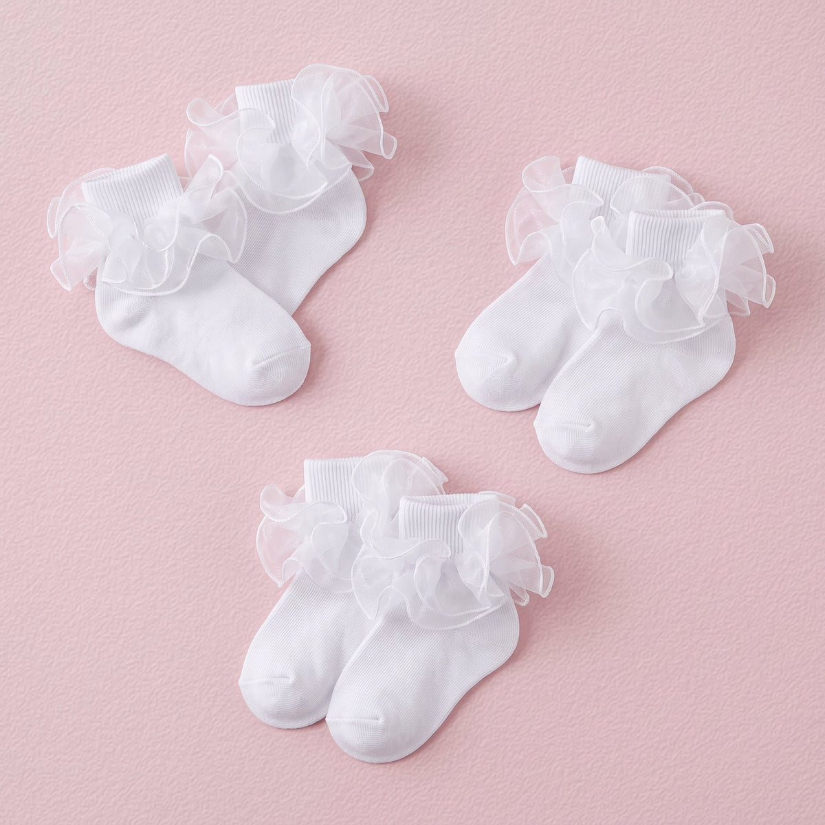 FRILLORA Baby Girl Ruffle Socks with 2-Layer Lace Turn-Cuff - White - 3 Pairs