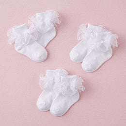 FRILLORA Baby Girl Ruffle Socks with 2-Layer Lace Turn-Cuff - White - 3 Pairs