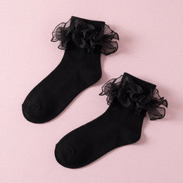 FRILLORA Women's Double-Ruffle Fold-Cuff Dress Socks - Black - 1 Pair