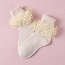 FRILLORA Women's Double-Ruffle Fold-Cuff Dress Socks - Cream - 1 Pair