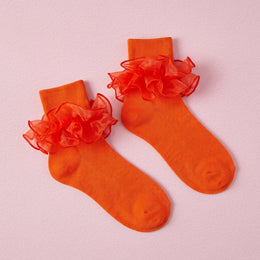 FRILLORA Women's Double-Ruffle Fold-Cuff Dress Socks - Orange - 1 Pair
