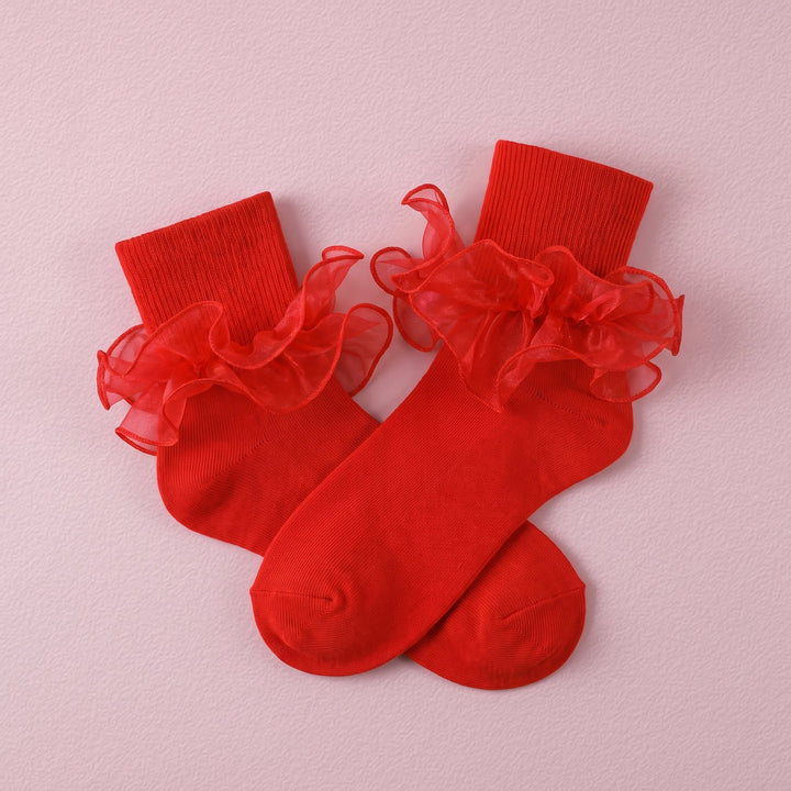 FRILLORA Women's Double-Ruffle Fold-Cuff Dress Socks - Red - 1 Pair