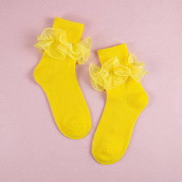 FRILLORA Women's Double-Ruffle Fold-Cuff Dress Socks - Yellow - 1 Pair