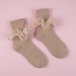 FRILLORA Women's Double-Ruffle Fold-Cuff Dress Socks - Apricot - 1 Pair