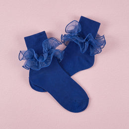 FRILLORA Women's Double-Ruffle Fold-Cuff Dress Socks - Dark Blue - 1 Pair