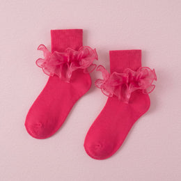 FRILLORA Women's Double-Ruffle Fold-Cuff Dress Socks - Hot Pink - 1 Pair