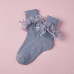 FRILLORA Women's Double-Ruffle Fold-Cuff Dress Socks - Grey Blue - 1 Pair