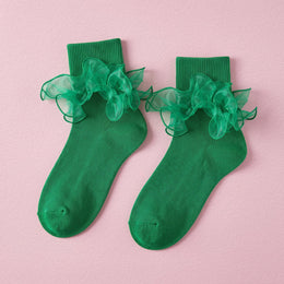 FRILLORA Women's Double-Ruffle Fold-Cuff Dress Socks - Emerald - 1 Pair