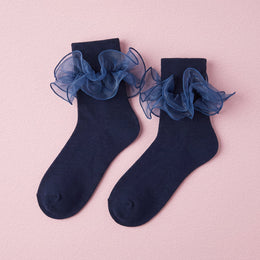 FRILLORA Women's Double-Ruffle Fold-Cuff Dress Socks - Navy Blue - 1 Pair