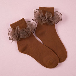 FRILLORA Women's Double-Ruffle Fold-Cuff Dress Socks - Brown - 1 Pair