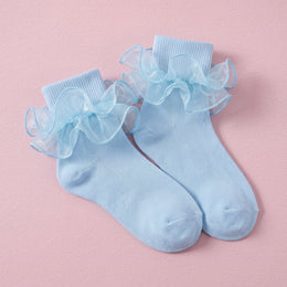 FRILLORA Women's Double-Ruffle Fold-Cuff Dress Socks - Light Blue - 1 Pair