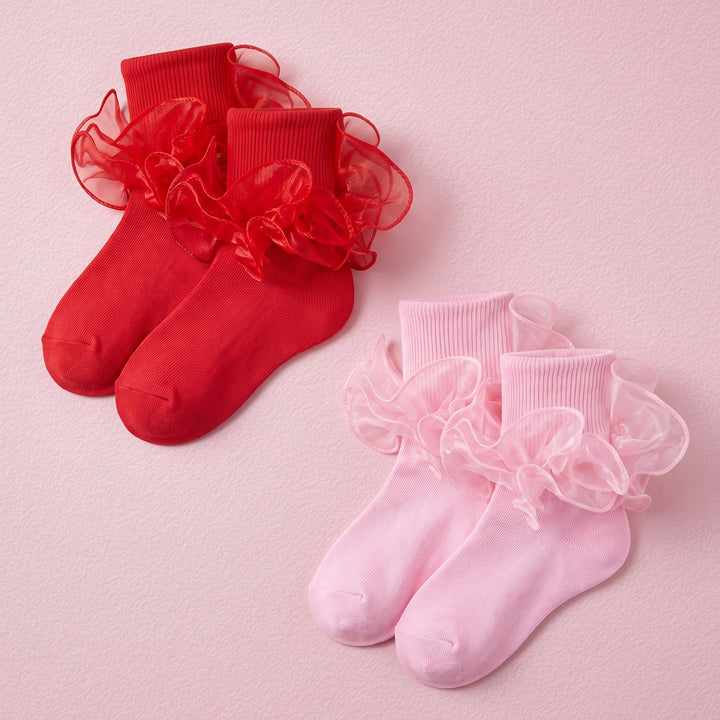 FRILLORA Girls Ruffle Fold-Cuff Dress Socks - Pink, Red - 2 Pairs