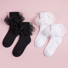FRILLORA Girls Ruffle Fold-Cuff Dress Socks - Black, White - 2 Pairs