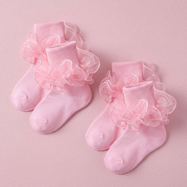 FRILLORA Girls Ruffle Fold-Cuff Dress Socks - Pink - 2 Pairs