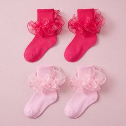 FRILLORA Girls Ruffle Fold-Cuff Dress Socks - Pink, Hot Pink - 2 Pairs