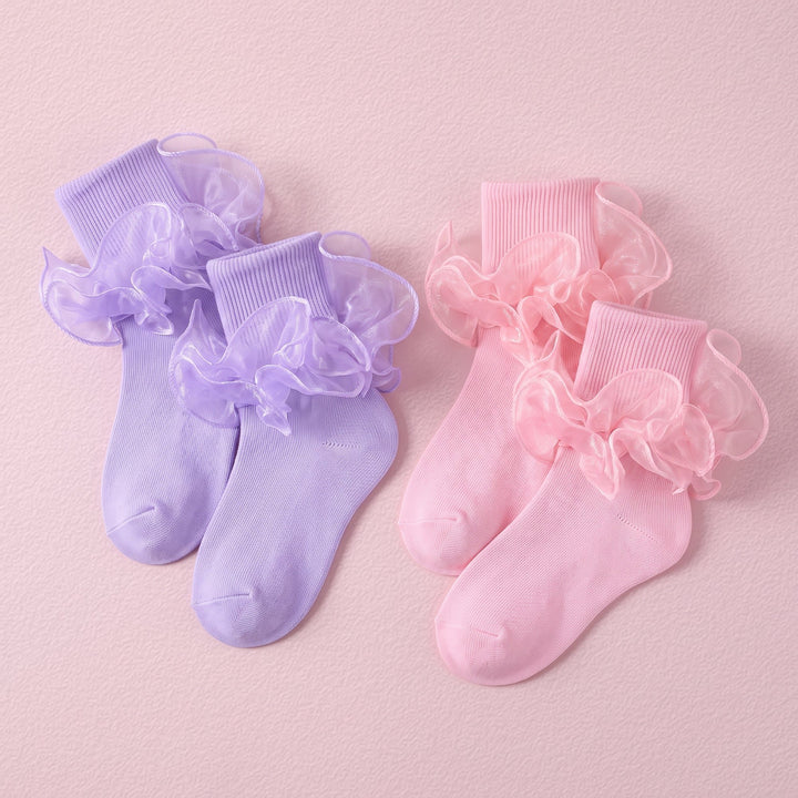 FRILLORA Girls Ruffle Fold-Cuff Dress Socks - Pink, Purple - 2 Pairs