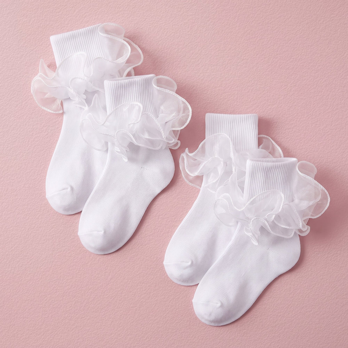 FRILLORA Girls Ruffle Fold-Cuff Dress Socks - White - 2 Pairs