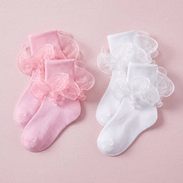 FRILLORA Girls Ruffle Fold-Cuff Dress Socks - White, Pink - 2 Pairs