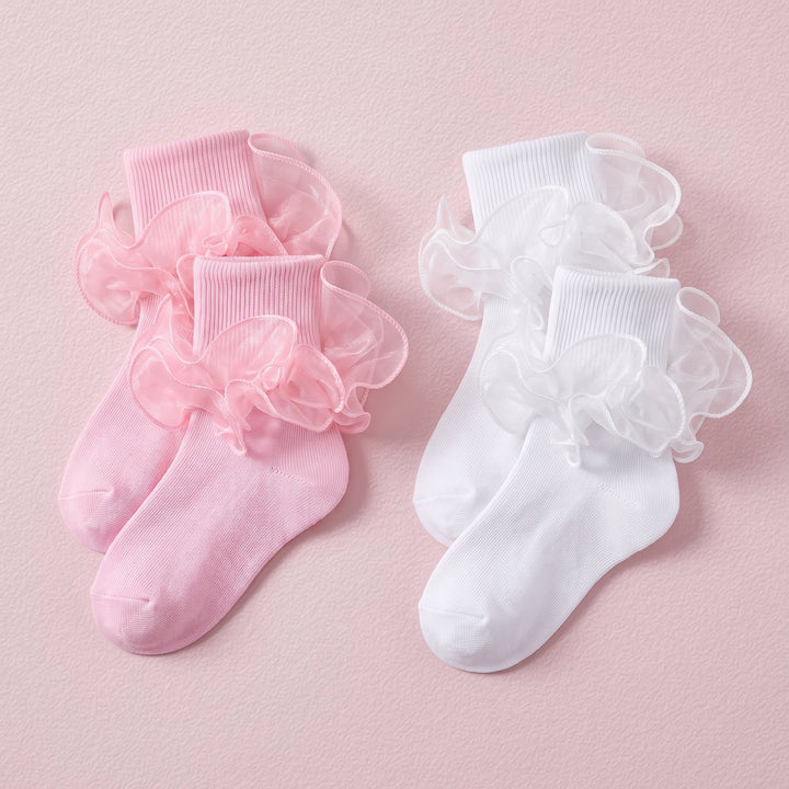 FRILLORA Girls Ruffle Fold-Cuff Dress Socks - White, Pink - 2 Pairs