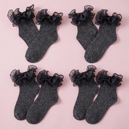 FRILLORA Women's Glitter Ruffle Ankle Socks - Black - 4 Pairs