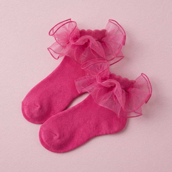 FRILLORA Girls Fluffy Double-Lace Ruffle Socks - Hot Pink - 1 Pair