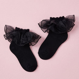 FRILLORA Girls Fluffy Double-Lace Ruffle Socks - Black - 1 Pair