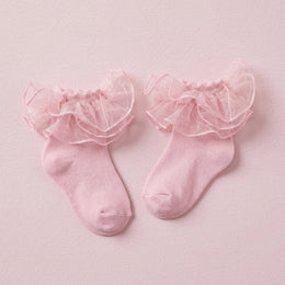 FRILLORA Girls Fluffy Double-Lace Ruffle Socks - Pink - 1 Pair